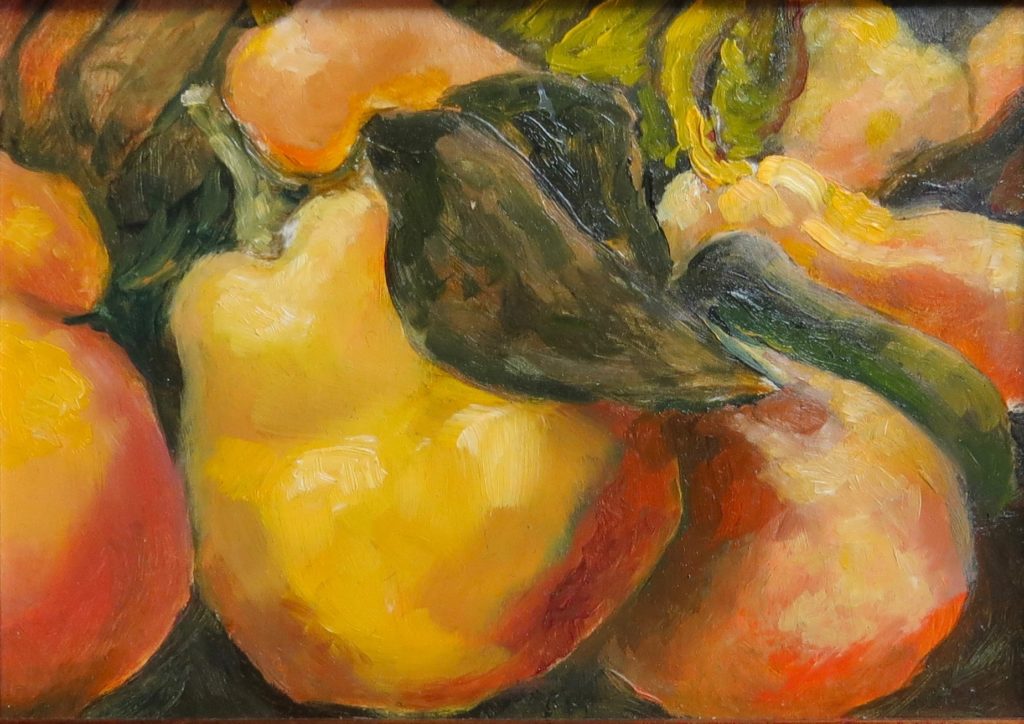 An oil on canvas painting of some orange fruit with the leaves still attached by Odette Laroche in Sidney, BC.