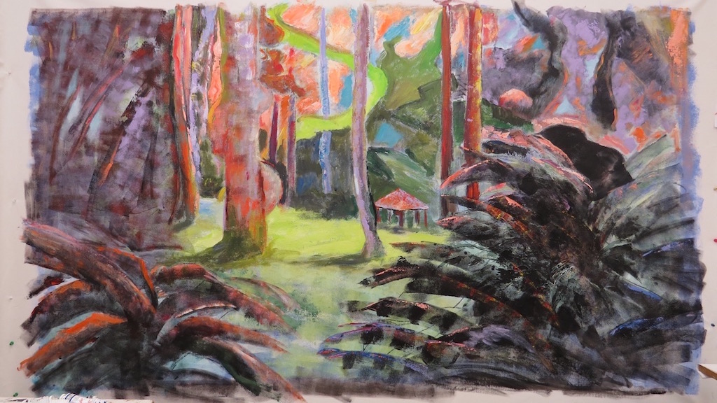 An acrylic painting of the lush scenery at Beacon Hill Park by Odette Laroche in Sidney, BC.