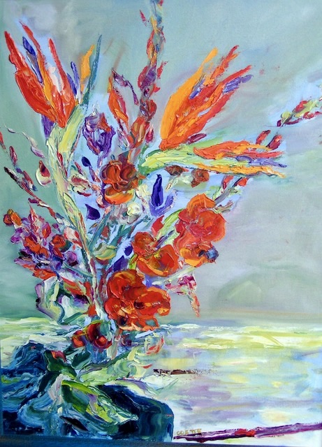 An oil on canvas painting of a bouquet of flowers including some bird of paradise flowers by Odette Laroche in Sidney, BC.