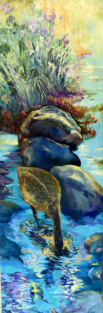 An oil on canvas painting of a Canadian goose dipping its head into a stream during a sunny day by Odette Laroche in Sidney, BC.