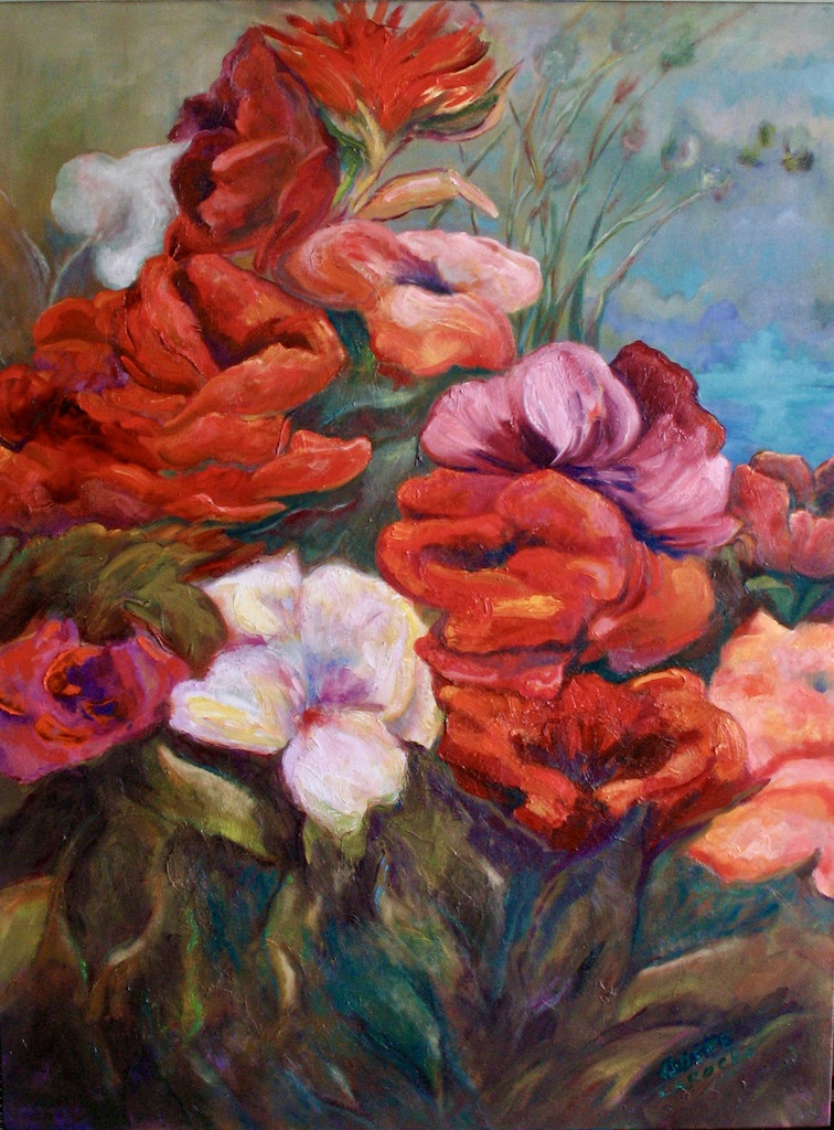 An oil on canvas painting of red flowers growing wild in nature by Odette Laroche in Sidney, BC.