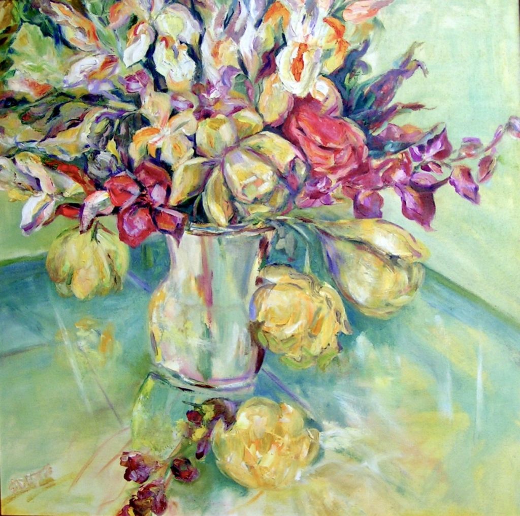 An oil on canvas painting of spring flowers in a vase by Odette Laroche in Sidney, BC.