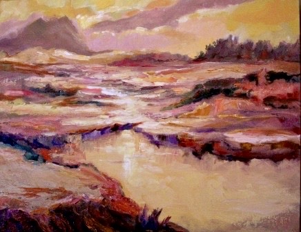 An oil on canvas painting of a hilly landscape painting gold and red by the sunset by Odette Laroche in Sidney, BC.