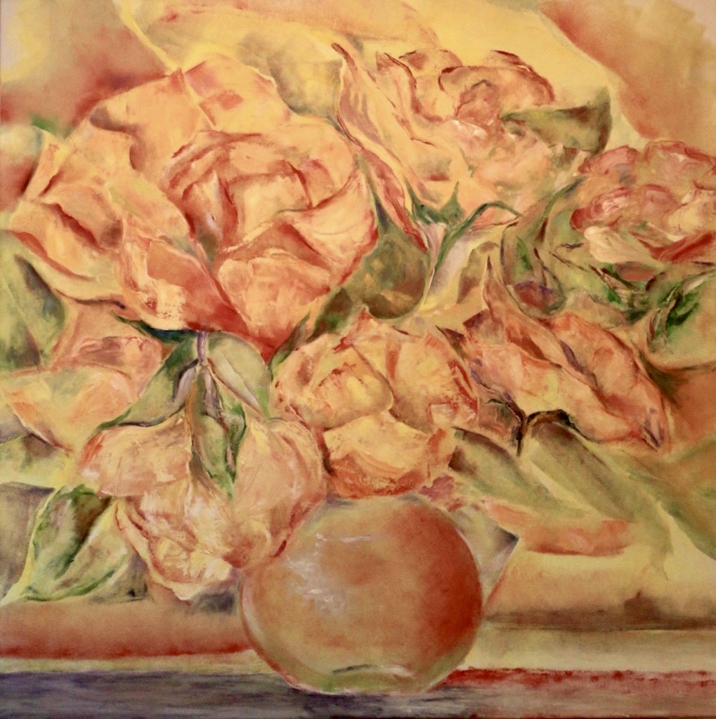 An oil on canvas painting of a bouquet of yellow roses with orange lining the edge of the leaves by Odette Laroche in Sidney, BC.