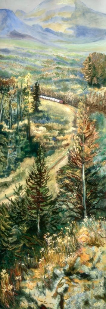 An oil on canvas painting of a train coming around a corner surrounded by trees and mountains by Odette Laroche in Sidney, BC.