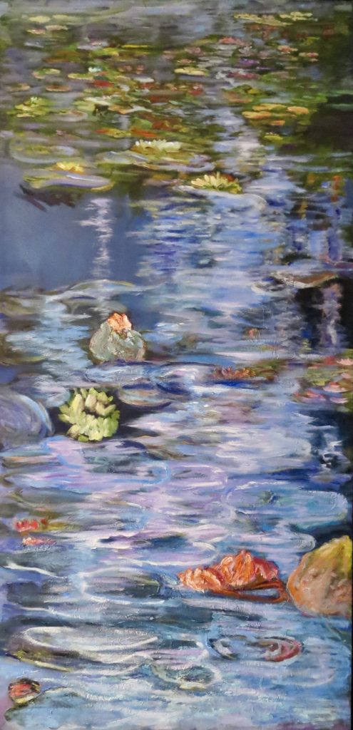 Oil on canvas painting of waterlilies in a pond with ripples flowing into the distance by Odette Laroche in Sidney, BC.