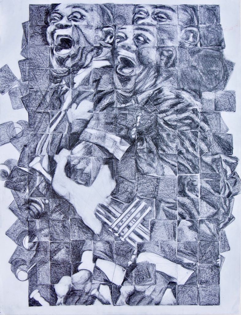 An abstract pencil drawing which contains a scene with Louis Armstrong and his trumpet by Odette Laroche in Sidney, BC.