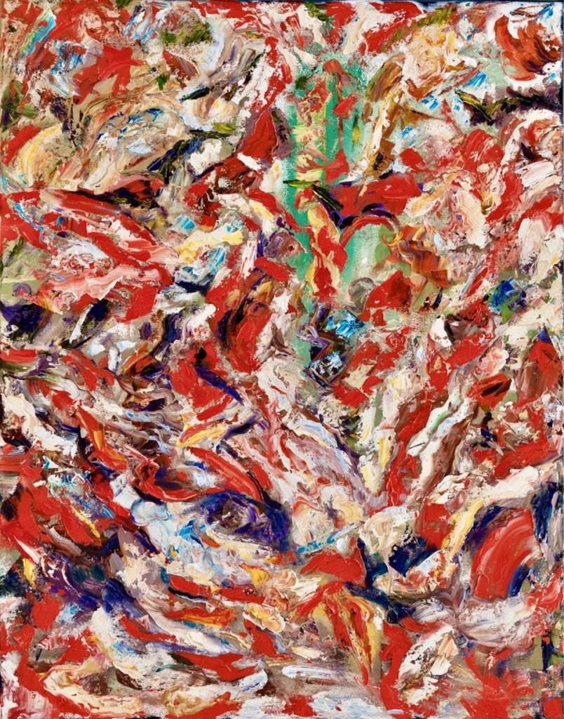 An abstract oil on canvas painting by Odette Laroche which is predominantly red and white, with small sections of green and blue, which appears to be a run of salmon through a river.
