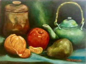 An oil on canvas still-life painting of some fruit and a steaming pot by Odette Laroche in Sidney, BC.