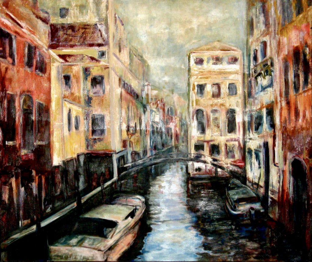 An oil on canvas painting of a canal in Venice surround by some worn down buildings by Odette Laroche in Sidney, BC.