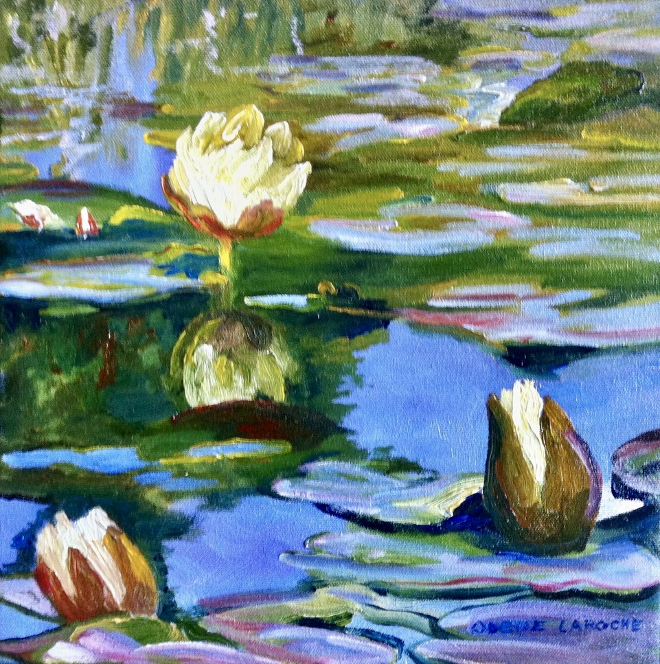 An oil on canvas painting of white waterlilies surrounded by watery blues and shades of green by Odette Laroche in Sidney, BC.