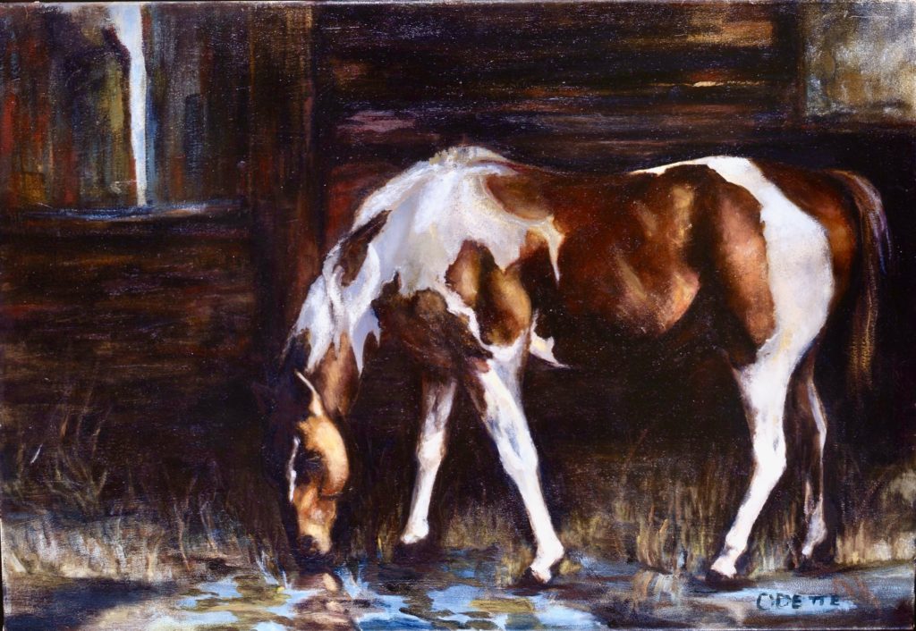 An oil on canvas painting of a brown and white horse grazing near a barn by Odette Laroche in Sidney, BC.