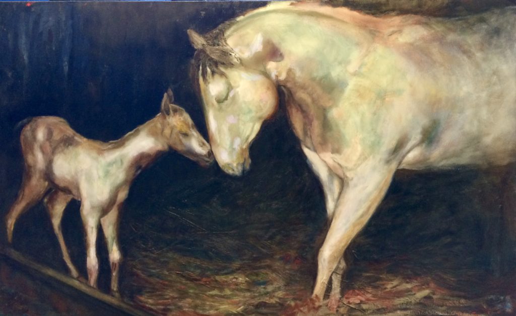 An oil on canvas painting of a white mother horse rubbing her head on a newborn baby white horse by Odette Laroche in Sidney, BC.