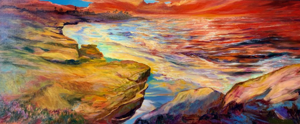 An oil on canvas painting of a sunset over La Jolla Cove by Odette Laroche in Sidney, BC.