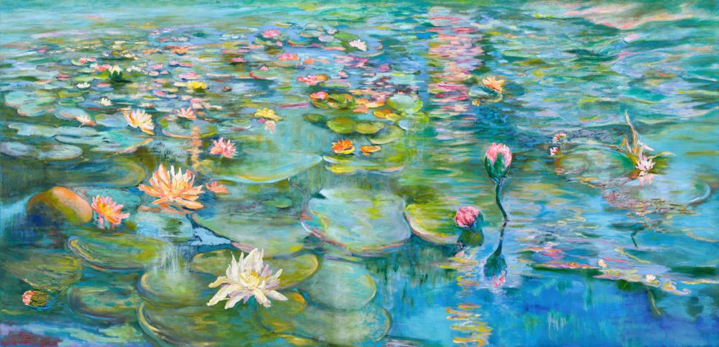 Oil on canvas painting of some water lilies in a pond by Odette Laroche in Sidney, BC.