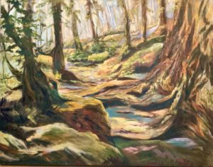 An oil on canvas painting of a rough path going through a lush forest on a bright day by Odette Laroche in Sidney, BC.