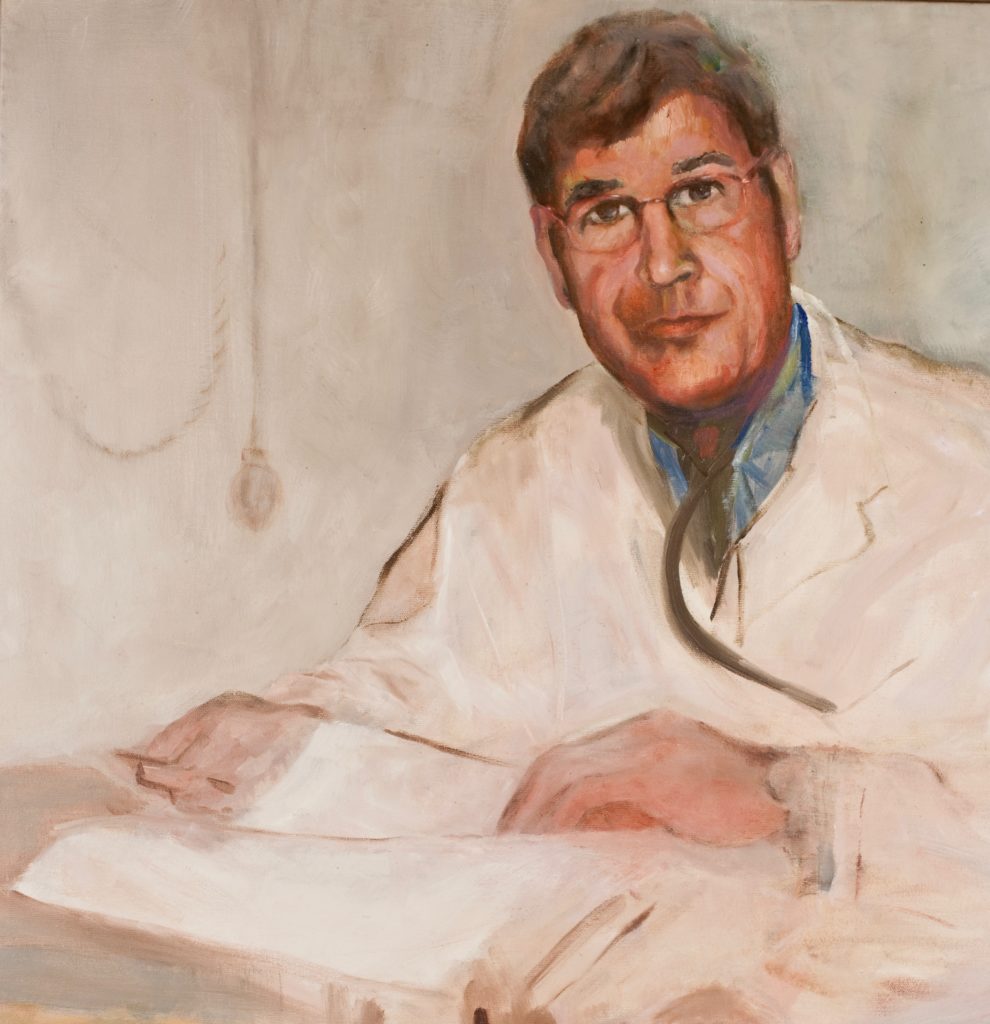 An oil on canvas painting of a male doctor with glasses who is sitting at a desk with a stack of papers by Odette Laroche in Sidney, BC.