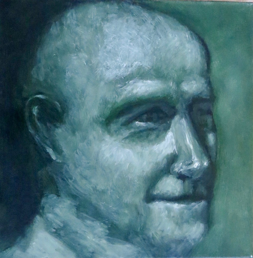 An oil on canvas portrait of a bald man who looks happy by Odette Laroche in Sidney, BC.