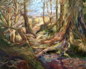An oil on canvas painting of a lush forest with sunbeams shining through the trees by Odette Laroche in Sidney, BC.