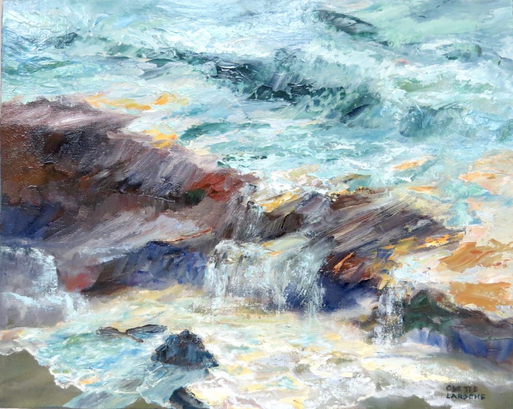 An oil on canvas painting of water flowing over some rocks on a beach by Odette Laroche in Sidney, BC.