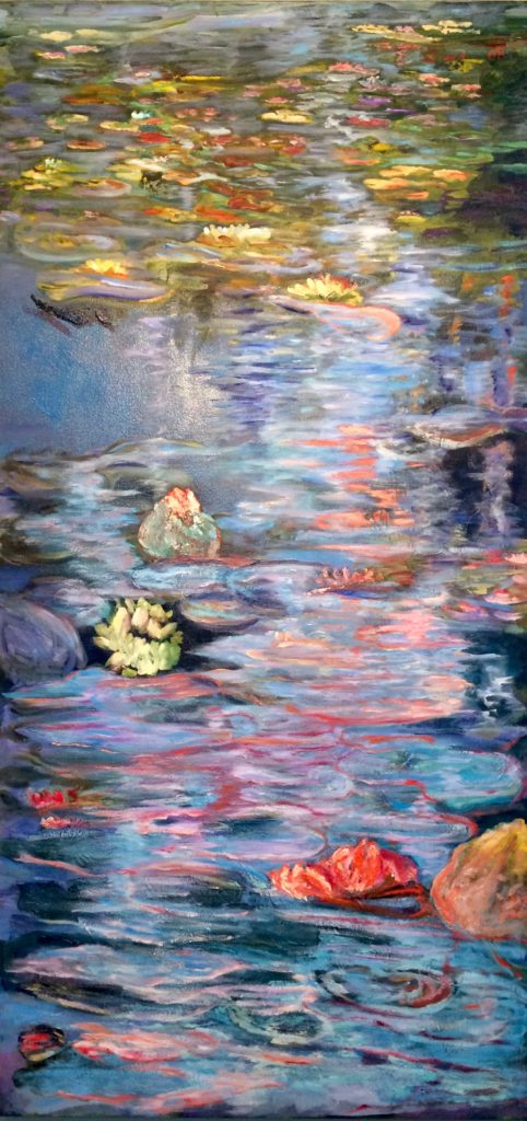 An oil on canvas painting of waterlilies in a pond with ripples flowing into the distance by Odette Laroche in Sidney, BC.