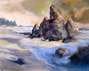 An oil on canvas painting of a large rock formation sticking out of the ocean by a sandy beach by Odette Laroche in Sidney, BC.
