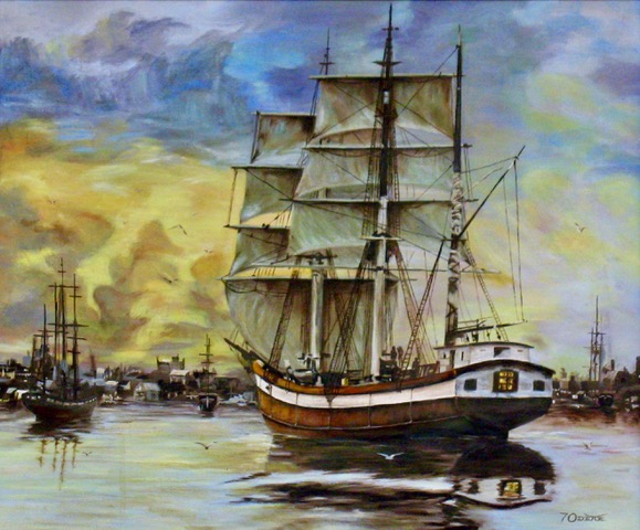 An oil on canvas painting of a galleon sailing towards a port by Odette Laroche in Sidney, BC.