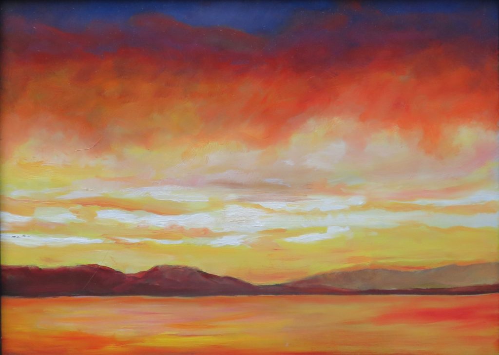 An oil on canvas painting of a sunset over Patricia Bay by Odette Laroche in Sidney, BC.