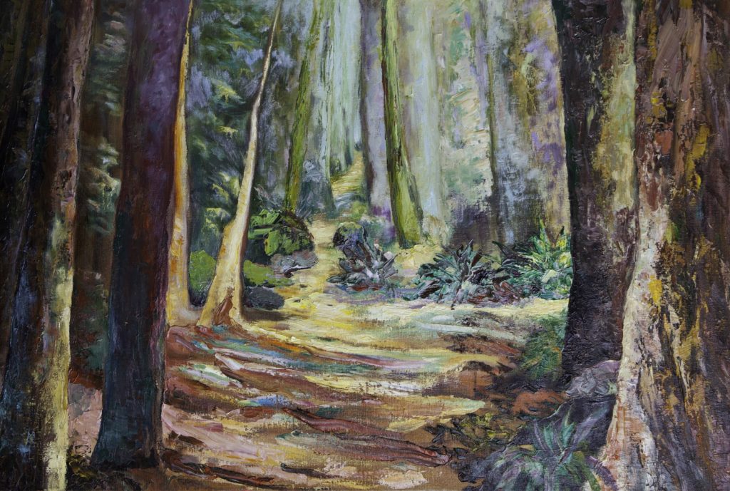 An oil on canvas painting of a rough path that goes through a deep forest by Odette Laroche in Sidney, BC.
