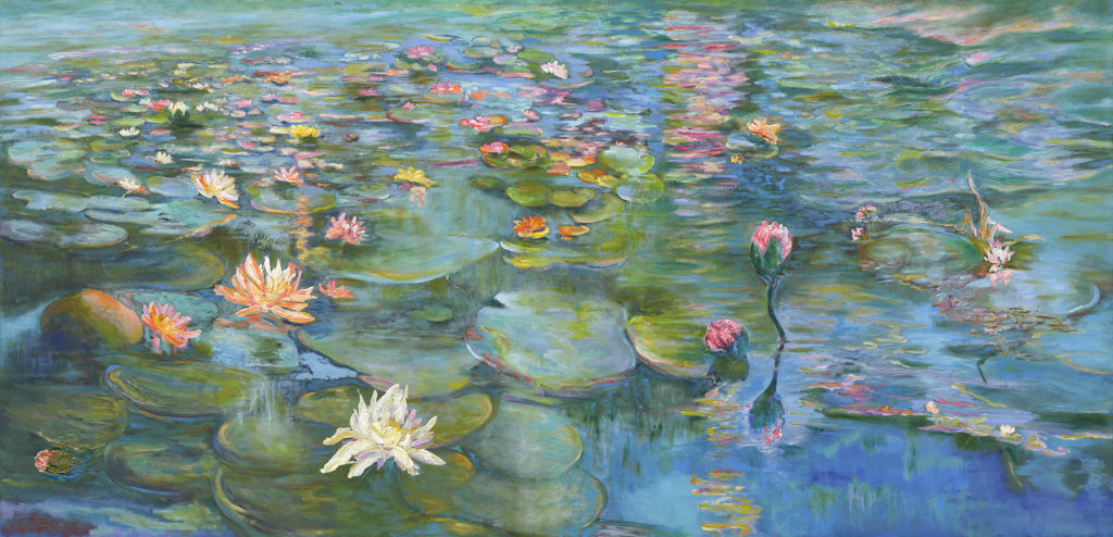 Oil on canvas painting of some water lilies in a pond by Odette Laroche in Sidney, BC.