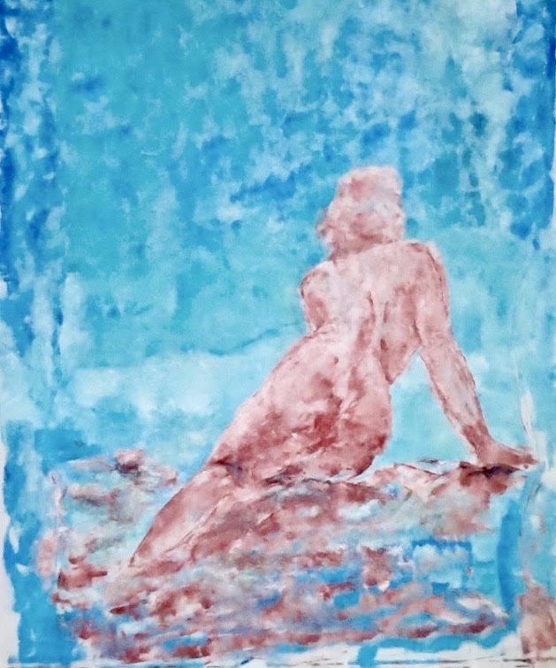 An abstract acrylic painting by Odette Laroche of a nude woman painted in pink who is looking off into the distance which is a vast sea of shades of blue.
