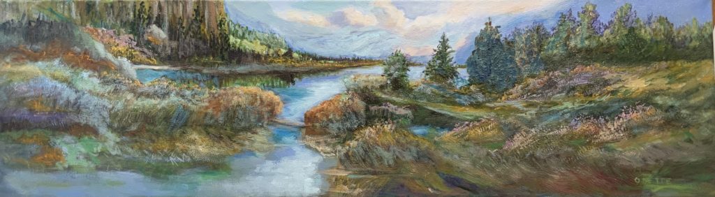 Oil on canvas painting of a clear blue stream cutting through lush forest with a bridge crossing over by Odette Laroche in Sidney, BC.